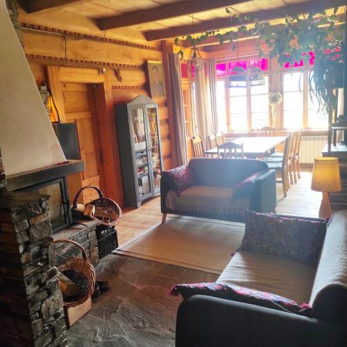 a living room with a couch and a fireplace at Dom na Pawlikach in Rzepiska