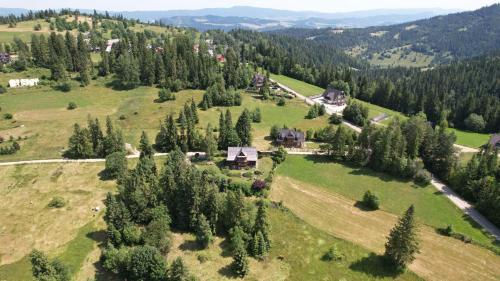 an aerial view of a house on a hill with trees at Dom na Pawlikach in Rzepiska
