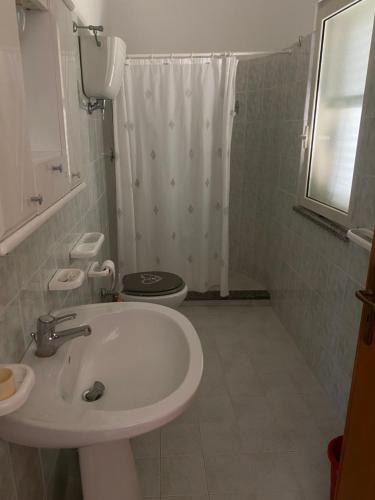 un bagno con lavandino, WC e doccia di Residenza le Saline a Santa Maria