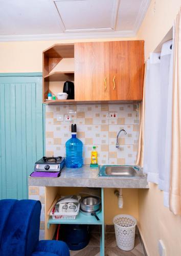 a kitchen with a sink and a counter top at Marie's Studios Naivasha in Naivasha