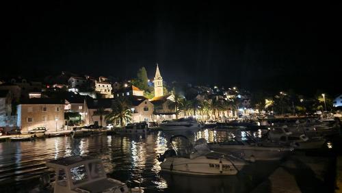 a group of boats docked in a harbor at night at Mira in Splitska