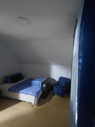 a small room with a bed and blue sheets at Kuća na selu in Šavnik
