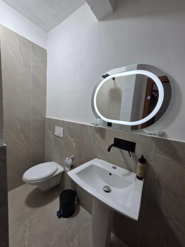 a bathroom with a sink and a mirror and a toilet at Antique House Muradie in Vlorë
