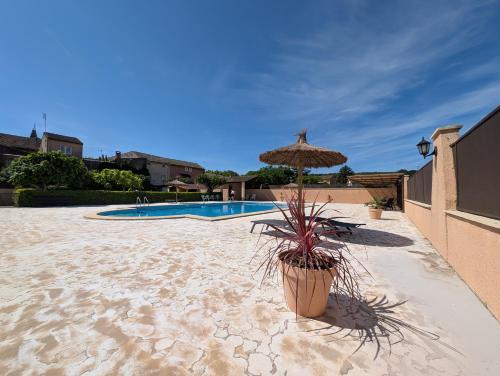 une terrasse avec un parasol et une plante en pot dans l'établissement Le Saint-Michelet, à Goudargues
