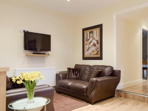 a living room with a leather couch and a tv at Nether Cottage in Saline