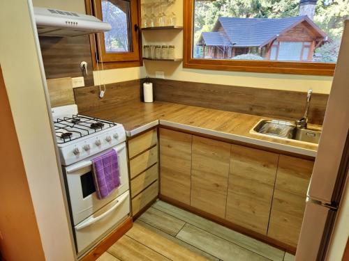 a kitchen with a stove and a sink at Remanso del Bosque - Los Alerces Cabin in Villa La Angostura