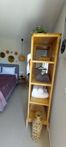 a room with a book shelf next to a bed at Del Mare Beach Hotel in Sidari
