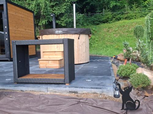 a mirror with a black cat standing next to a wooden shed at Ranczo Spełnionych Marzeń in Sosnówka