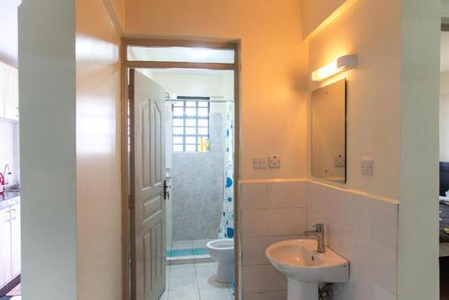 a bathroom with a sink and a toilet and a shower at Sumeya Homes Nanyuki in Nanyuki