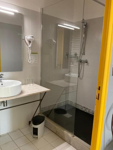 a bathroom with a shower and a sink at Hôtel Lou Caleù restaurant le Rocher des Abeilles in Saint-Martin-de-Castillon