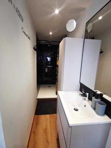 La salle de bains est pourvue d'un lavabo blanc et d'un réfrigérateur. dans l'établissement Grain de Sable Vue Mer, à Woignarue