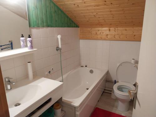 une salle de bain avec une baignoire, des toilettes et un lavabo dans l'établissement Appartement au calme avec balcon et kitchenette - 3 pièces - FR-1-573-41, à Bonnevaux