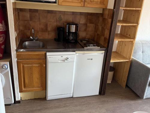 Il comprend une petite cuisine équipée d'un évier et d'un lave-vaisselle. dans l'établissement Chaleureux 2 pièces avec terrasse - 4 pers, Animaux admis - FR-1-594-146, à Hauteluce