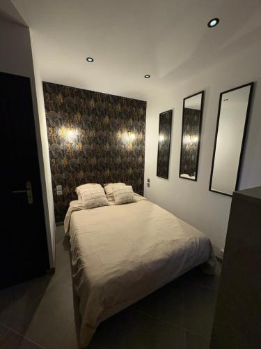 a bedroom with a large bed with two pillows at Spa, chill & centre-ville in Vichy