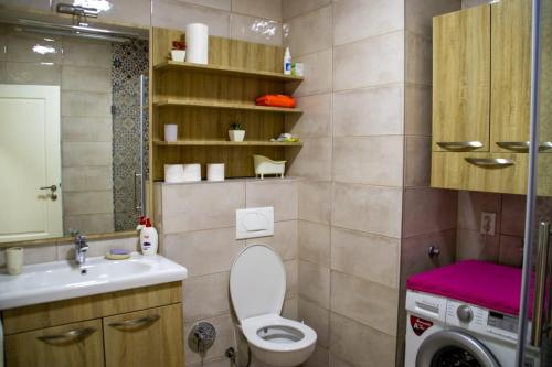 a bathroom with a toilet and a sink and a washing machine at Apartment Stella in Bihać