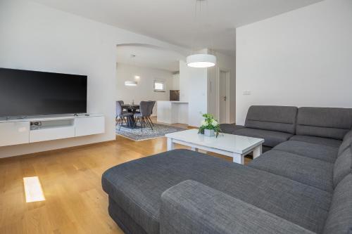 a living room with a couch and a flat screen tv at Casa Moderna - New Spacious Apartments in Lokva Rogoznica