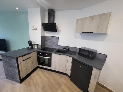 Appartement rez-de-chaussée في كارينتان: مطبخ مع حوض وموقد