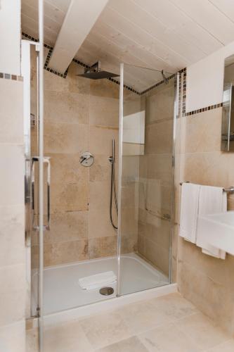 a shower with a glass door in a bathroom at Borgo delle Fonti in Acquaviva Collecroce