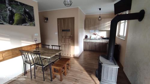 a kitchen and dining room with a wood stove at Domki nad rzeką Solinką in Terka