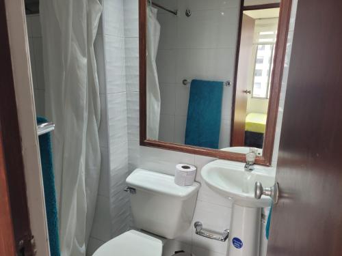 a bathroom with a toilet and a sink and a mirror at aparamento Ampblado in Fómeque