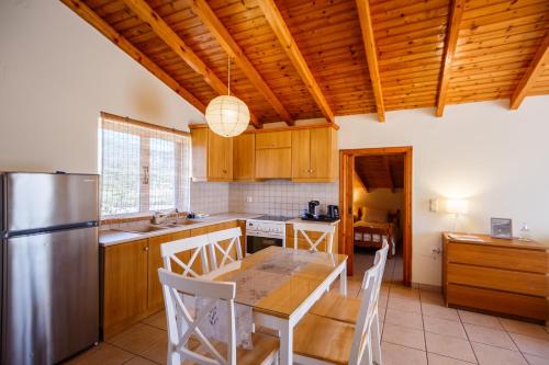 a kitchen with a table and a stainless steel refrigerator at Thetis in Alikanas