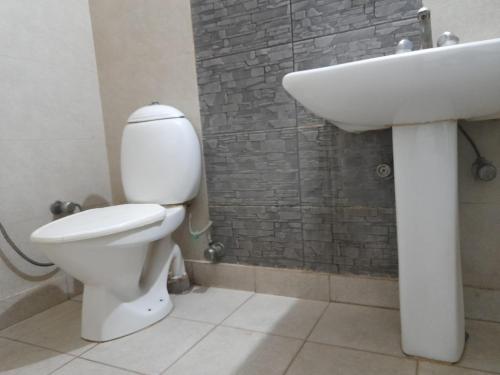 a bathroom with a toilet and a sink at Hotel Mandakini in New Delhi