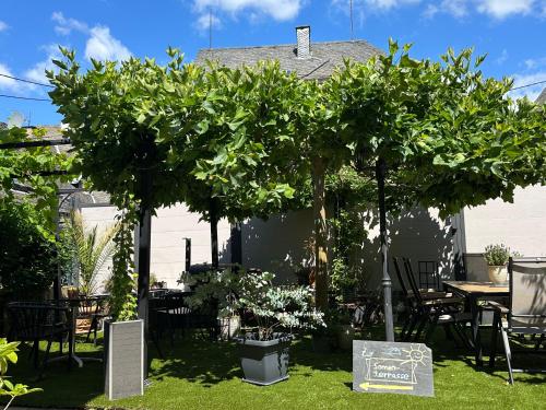 a group of trees in a yard with tables and chairs at Landgasthof Zur Sonne in Enkirch