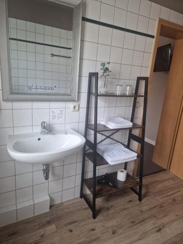 a bathroom with a sink and a mirror and a shelf at Hildebrandts Landhotel in Klettbach