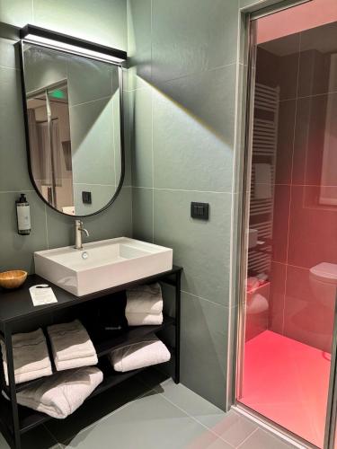 a bathroom with a sink and a mirror and a shower at Hotel Stelvio Tirano in Tirano