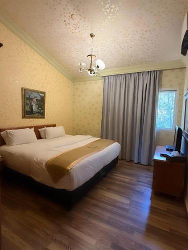 a bedroom with a large bed and a television at Pineland Hotel and Health Resort in Ḩammānā