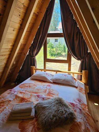 a bed in a room with a large window at Malii Rajj Žabljak in Žabljak