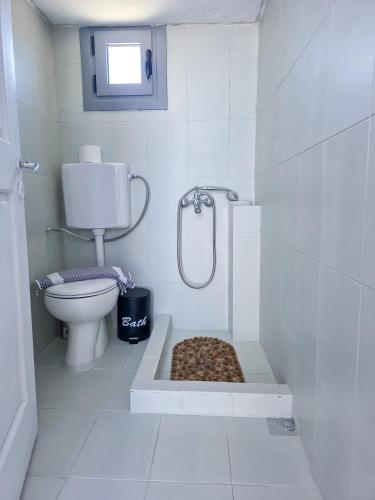 a white bathroom with a shower and a toilet at Calypso Heaven in Santorini