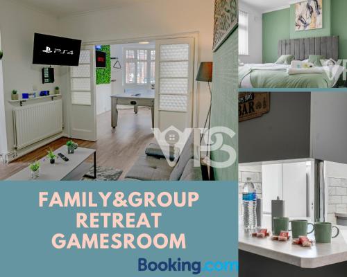 a collage of photos of a bedroom and a living room at Family&GroupRetreat GamesRoom in Leicester