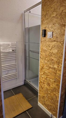 a shower with a glass door in a room at Studio en centre ville climatisé in Lamotte-Beuvron