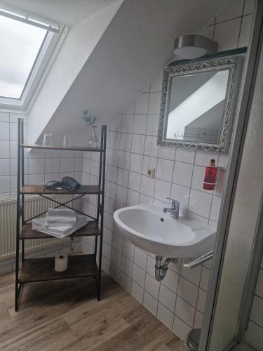 a bathroom with a sink and a mirror at Hildebrandts Landhotel in Klettbach