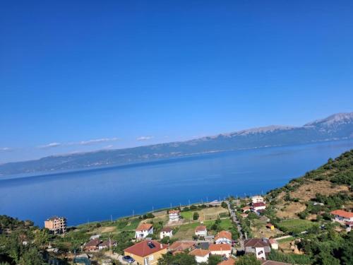 a view of a lake with houses on a hill at Jurgen House in Piskupat