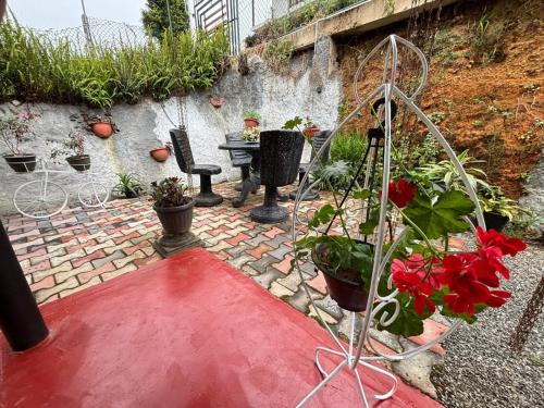a patio with a table with flowers and a red rug at Miracolo Villa in Nuwara Eliya