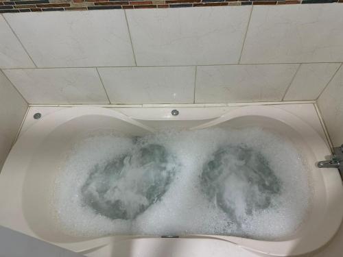 Un inodoro blanco con hielo en el medio. en Residencial Quinta Los Laureles, en La Ceiba