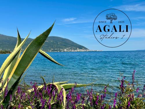 a view of a body of water with purple flowers at Agali Studios 1 in Gialtra