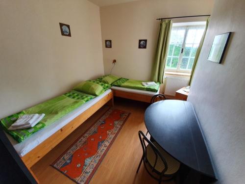 a small room with two beds and a table at Penzion Vila Křenov in Bernartice