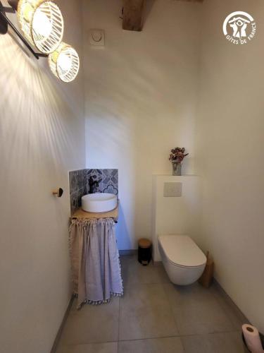 a bathroom with a white toilet and a sink at Chambre d'hôtes à la Ferme de la Porte en Aix pour 5 in Aix-en-Issart