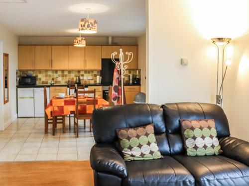 a living room and dining room with a leather couch at Arenig - Uk48508 in Bala