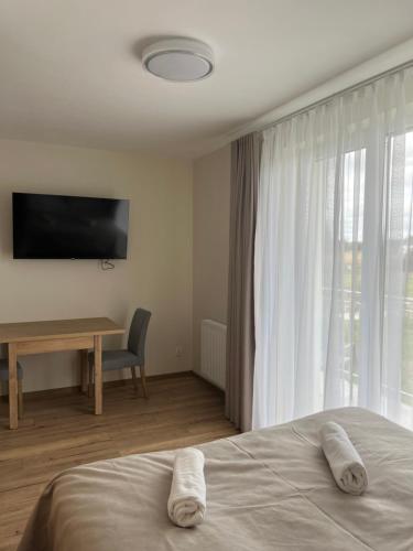 a bedroom with a bed and a desk and a television at Morskie Oko Apartamenty in Ustronie Morskie