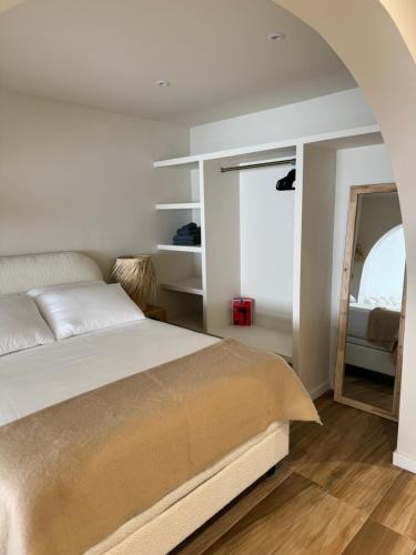 ハベアにあるAmber Apartmentsの大きなベッドと鏡のある寝室