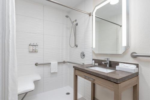ザ・ウッドランズにあるCandlewood Suites Houston The Woodlands by IHGの洗面台とシャワー付きのバスルーム