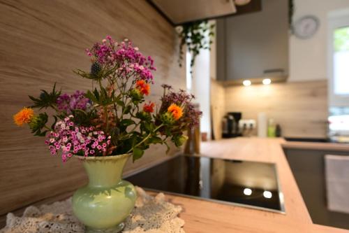 Nhà bếp/bếp nhỏ tại Ferienhäuschen am See, neu gebaut, klimatisiert und beheizbar