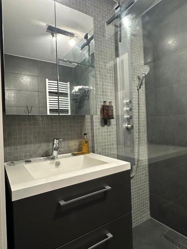 a bathroom with a sink and a shower at businessflat mol center in Mol