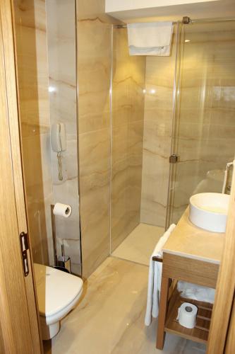 a bathroom with a shower and a toilet and a sink at Lale Hotel in Sapanca