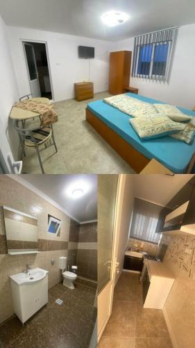 two pictures of a room with a bed and a bathroom at Pe Colț in Vama Veche