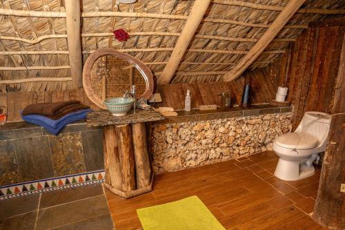 a bathroom with a toilet and a mirror at Casa El Paraiso, Eco Lodge in Santa Bárbara de Samaná